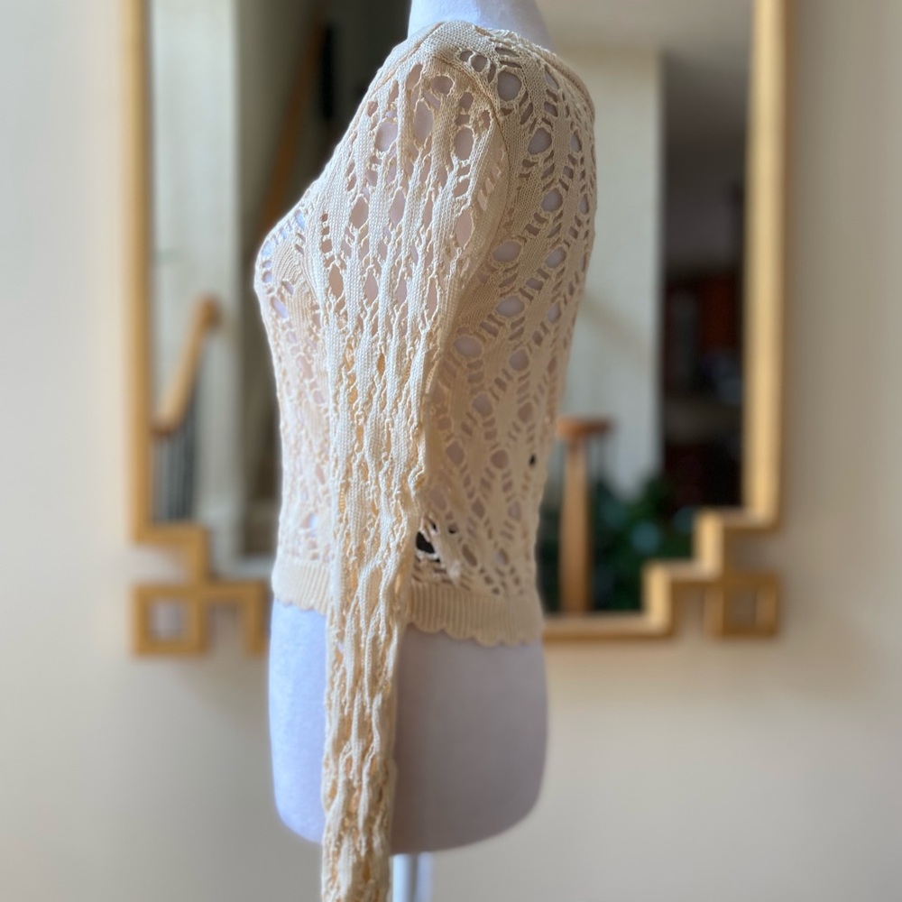 Christian Lacroix Cropped Cream Openwork Knit Sweater Lace Long Sleeve S/M - Picture 4 of 11